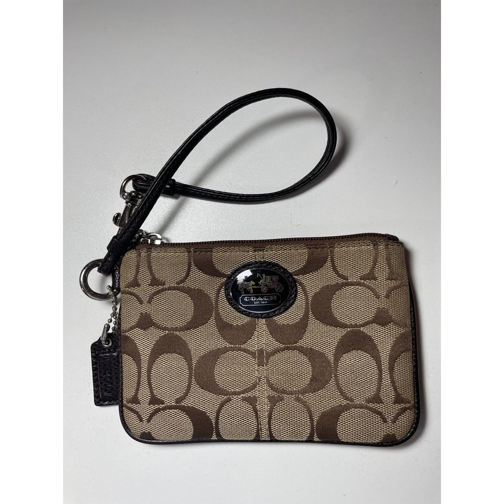 Coach Signature‎ Canvas Wristlet Pouch Tan Brown Leather Trim
